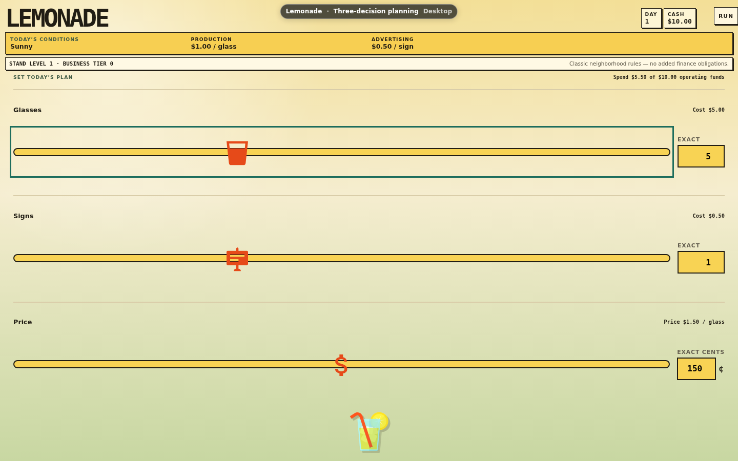 Lemonade daily planning controls for glasses, signs, and price