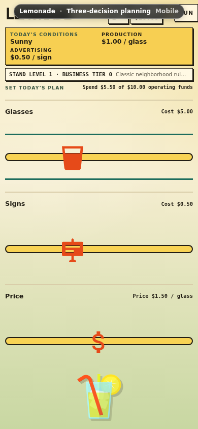 Lemonade daily planning controls for glasses, signs, and price